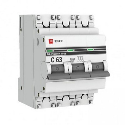 Автоматический выключатель EKF PROxima ВА47-63, 3х-полюсный, 25 Ампер, характеристика B, 4,5kA